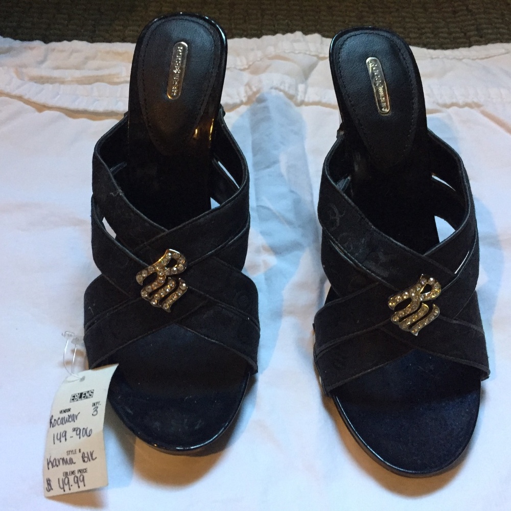 Rocawear Black Suede Wedge Sandals with Gold Rhinestone Accent